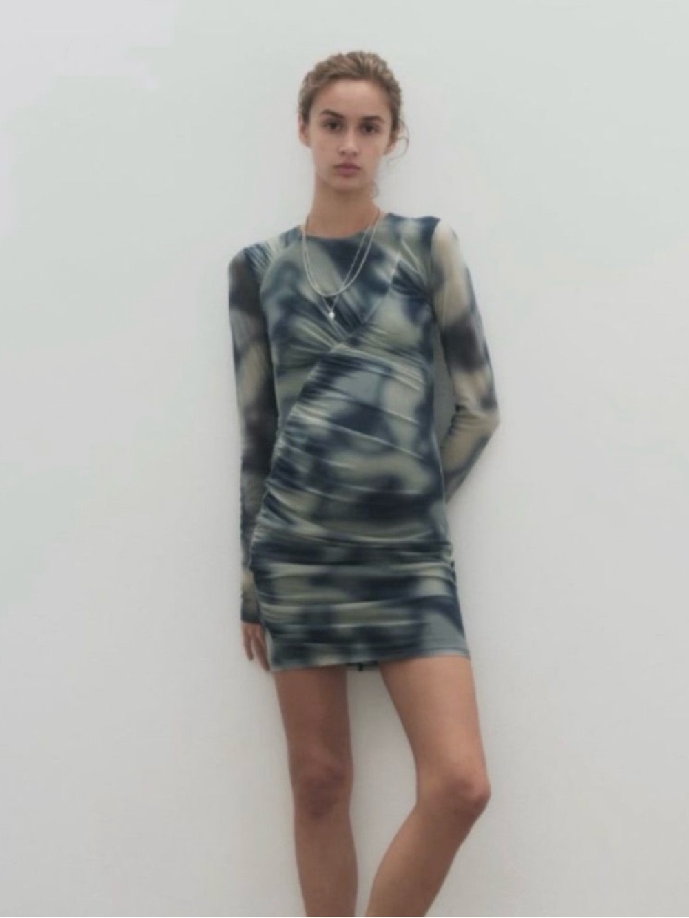 Zara Long-Sleeve Ruched Mini Dress in Blue and Cream Print